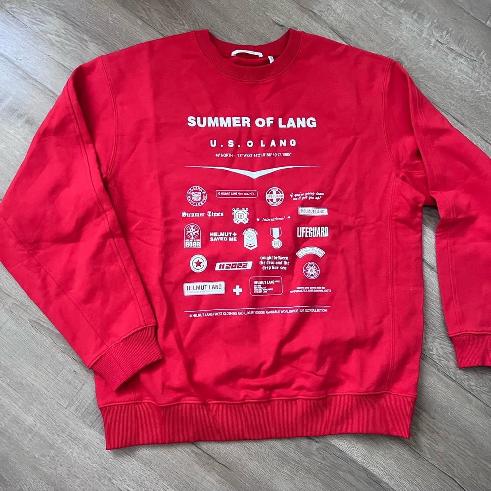 HELMUT LANG Men’s Badge Crewneck Terry Sweatshirt‎ Fiery Red Size M NWOT